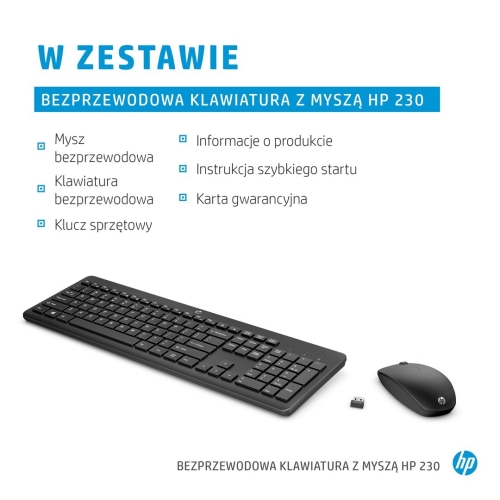 Zestaw klawiatura + mysz HP 230 Wireless Mouse and Keyboard Combo bezprzewodowe czarne Niemiecki układ klawiszy QWERTZ 18H24AA#ABD