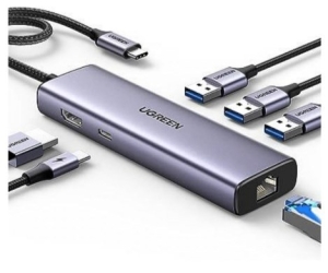 HUB Ugreen CM512 15598 6w1 USB-C - 3x USB-A 3.0 / HDMI / RJ45 / USB-C PD - szary