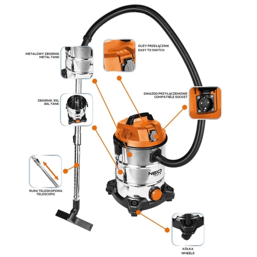 NEO TOOLS Odkurzacz przemysłowy 1400W, zbiornik 30 L